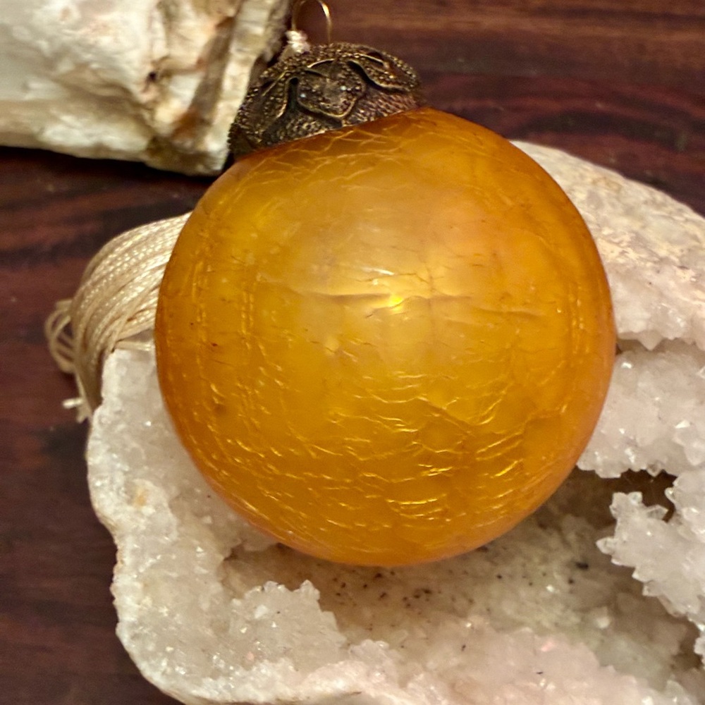 💛 Vintage Amber Kugel Ornament — Mercury Glass with Tassel-3” round